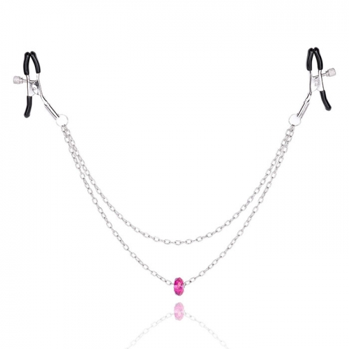 Silver Nipple Clamps with 2pcs Metal Chains and Pink Crystal Pendant