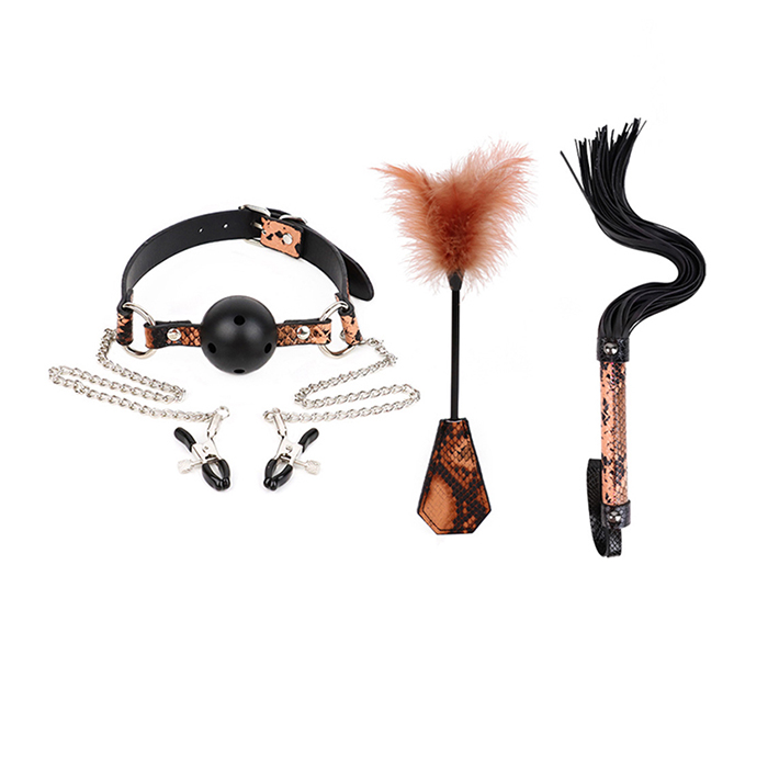 3Piece BDSM Training Sex Mouth Plug and Breast clamp Whip Feather Whip